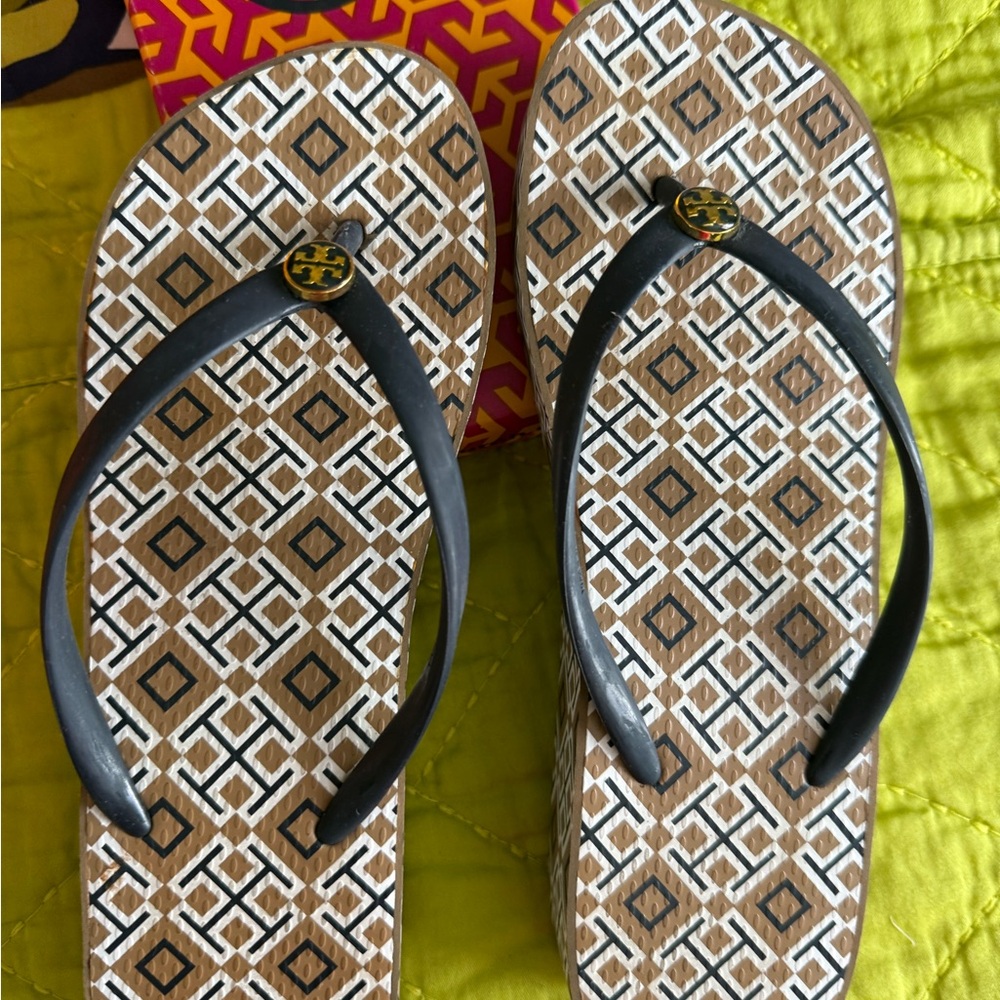 Tory Burch Black and Brown Geometric Flip Flops